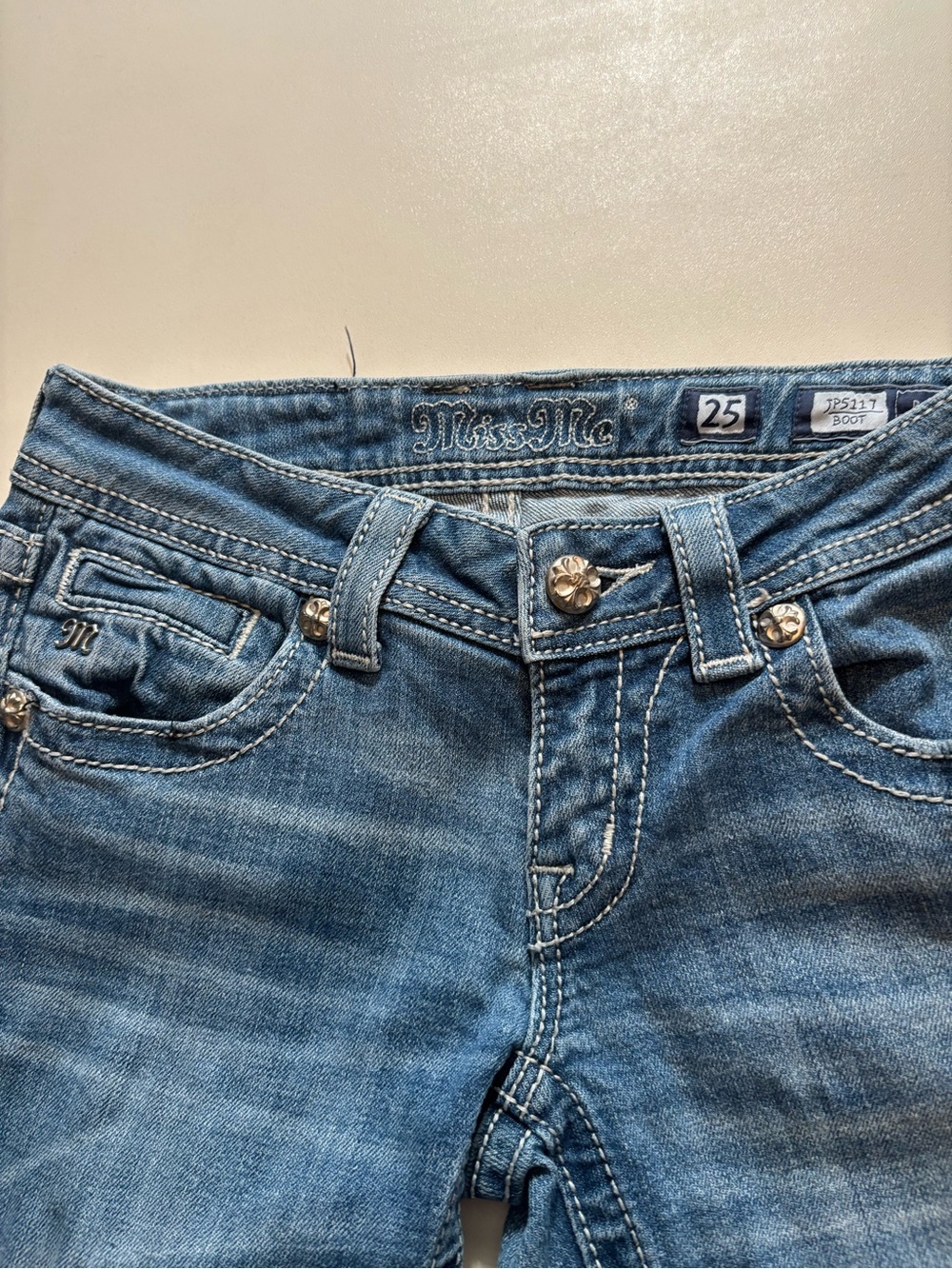 Miss Me embroidered cross Blue Embellished Back Pocket Flare boot cut Jeans - Picture 10 of 15